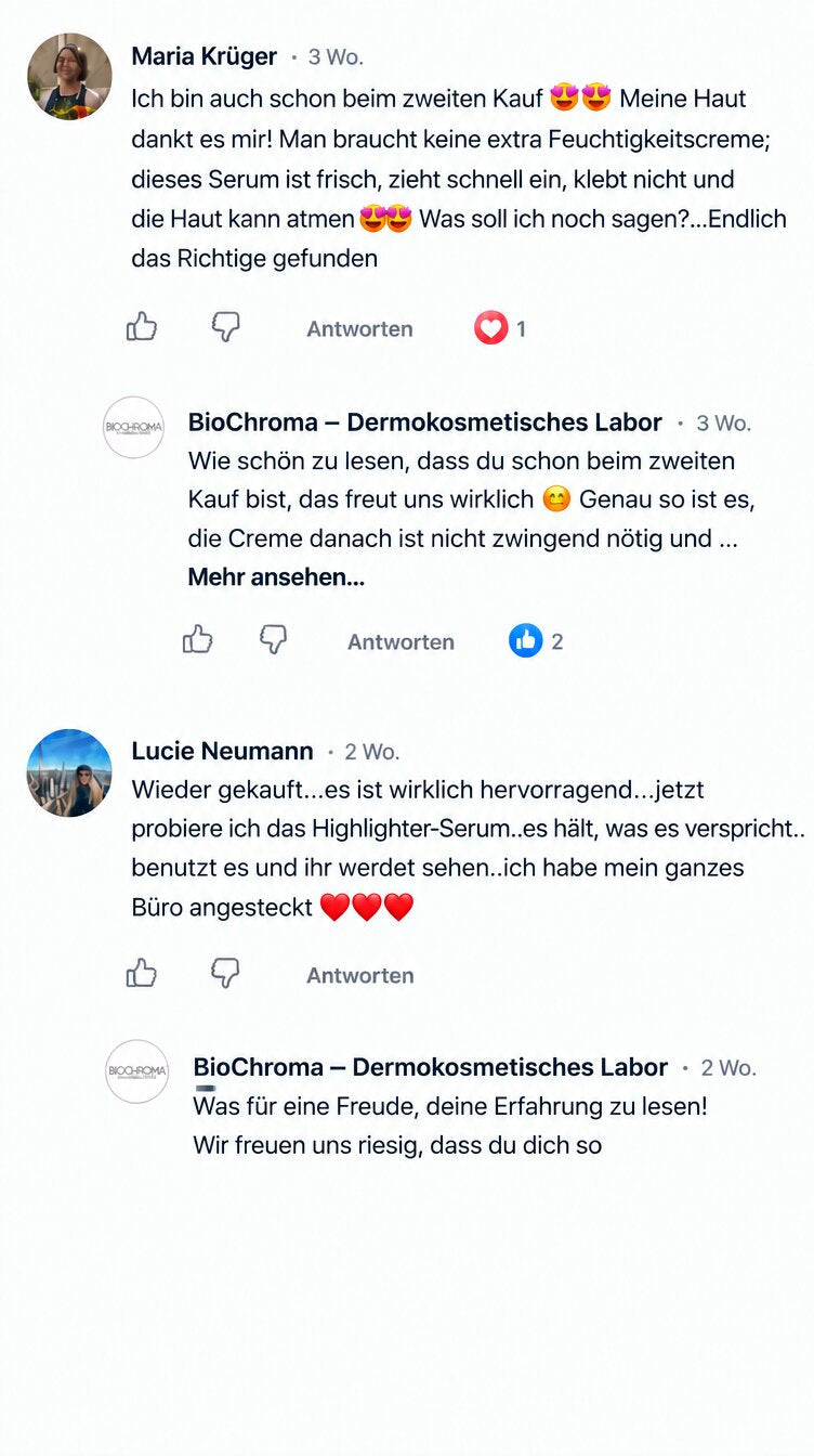 Kundenbewertungen zum BioChroma Kollagen-Serum auf Facebook: Erfahrungsberichte zu Wiederkauf und Wirkung