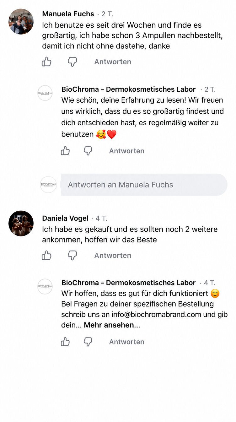 Facebook-Kommentare zufriedener BioChroma Kundinnen über Nachbestellungen des Kollagen-Serums