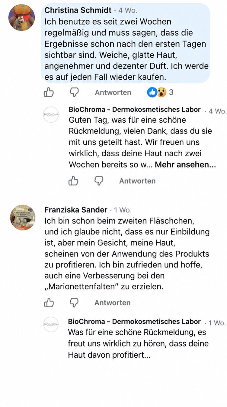 Kundinnen berichten auf Facebook über sichtbare Hautverbesserung durch das BioChroma Kollagen-Serum