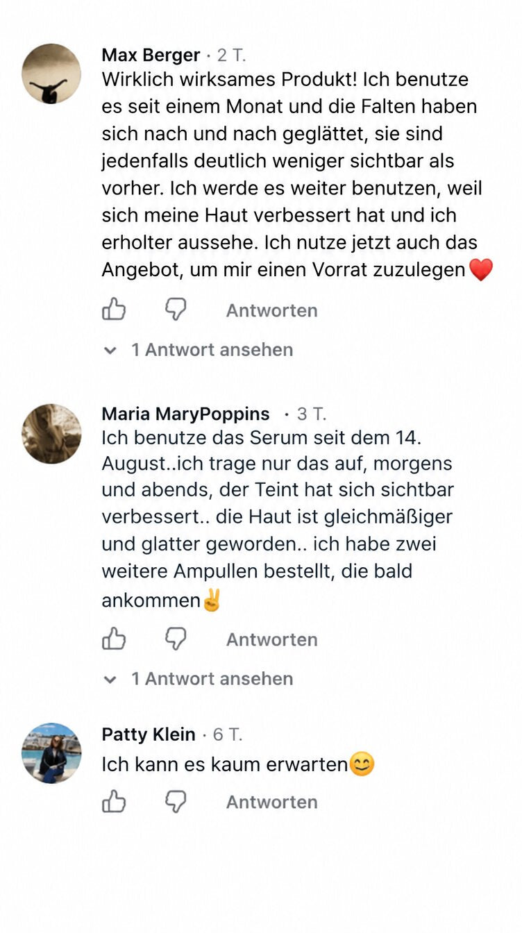 Positive Facebook-Kommentare zum BioChroma Serum: glattere Haut und Vorfreude auf die Lieferung