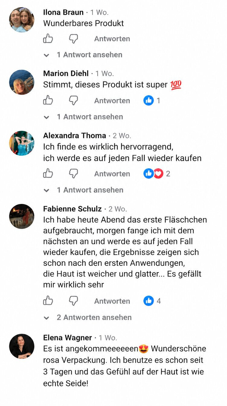 Mehrere Kundenkommentare auf Facebook loben das BioChroma Kollagen-Serum für Wirkung und Verpackung