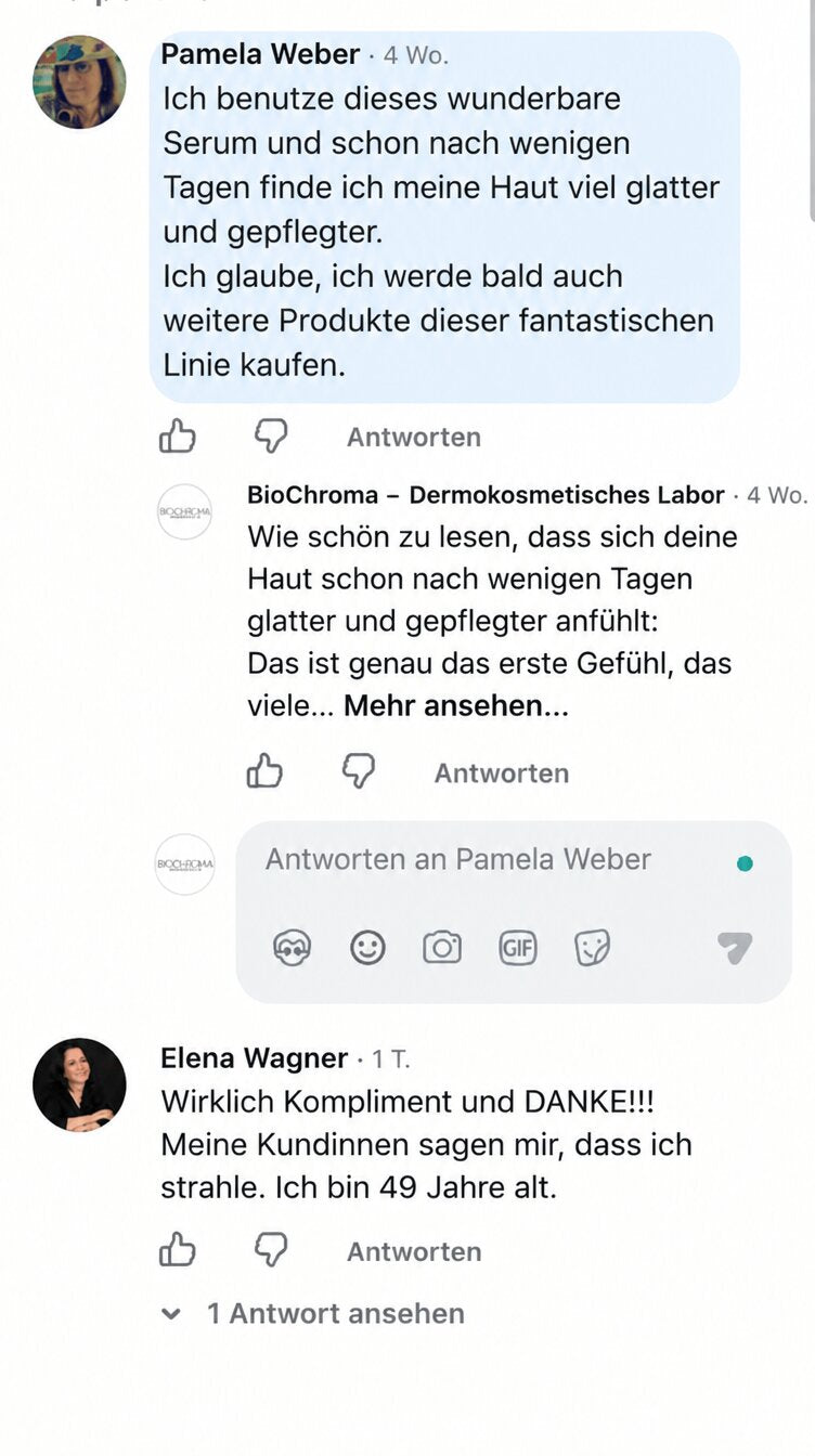 Facebook-Erfahrungsbericht: BioChroma Kollagen-Serum sorgt laut Kundin für glattere und gepflegtere Haut