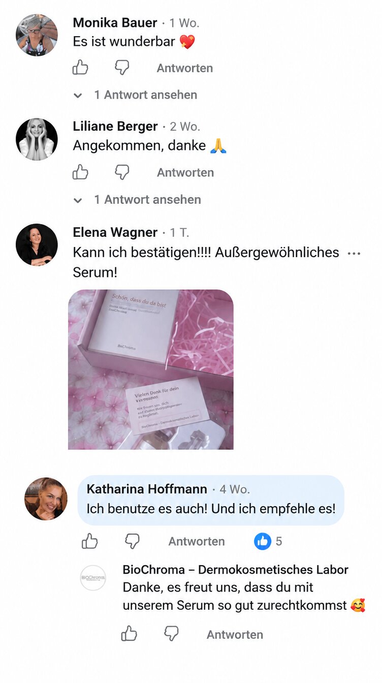 Facebook-Kommentare von BioChroma Kollagen-Serum Kundinnen mit positiven Erfahrungsberichten und Antwort des BioChroma Teams