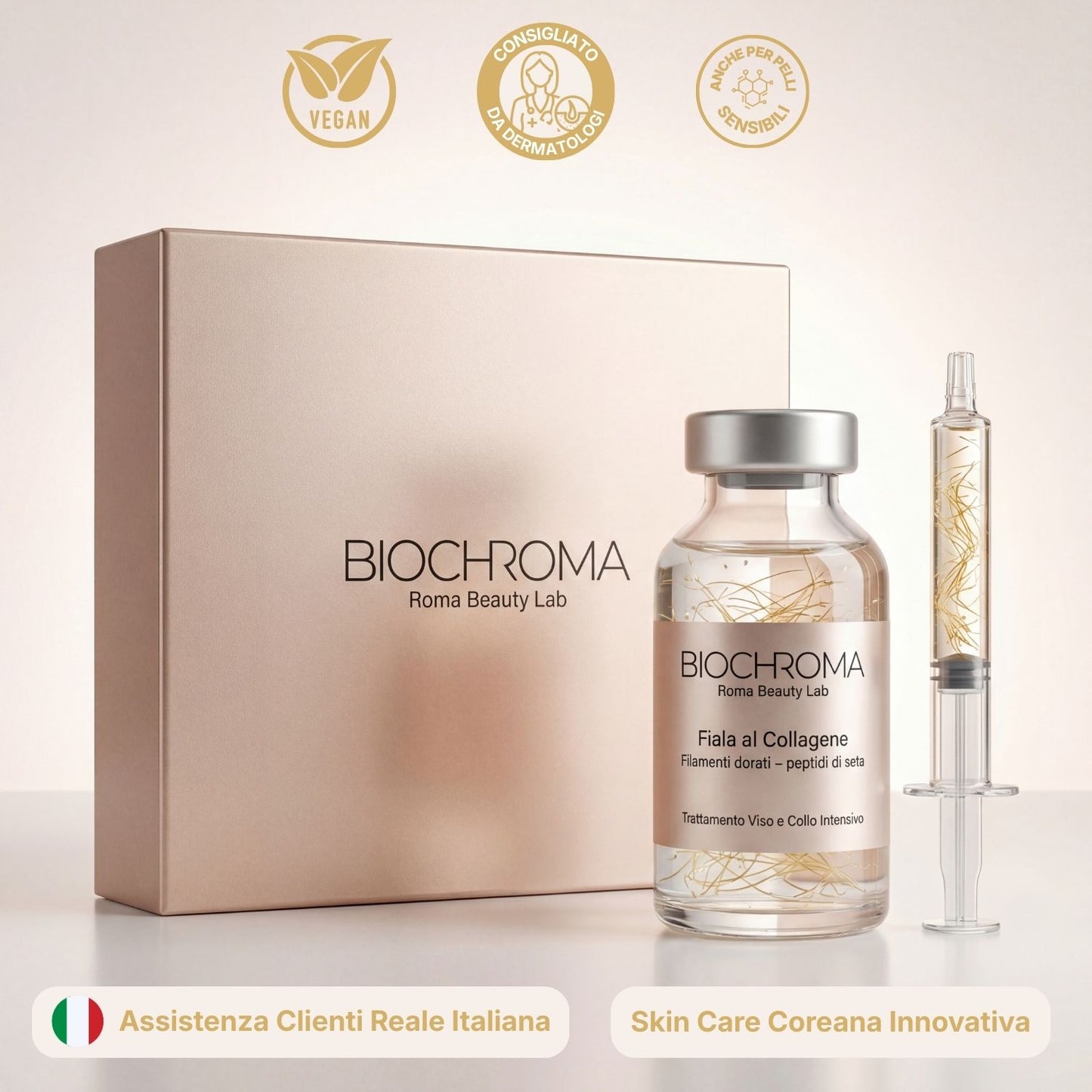 Siero antirughe BioChroma ai peptidi di seta con filamenti dorati e siringa cosmetica