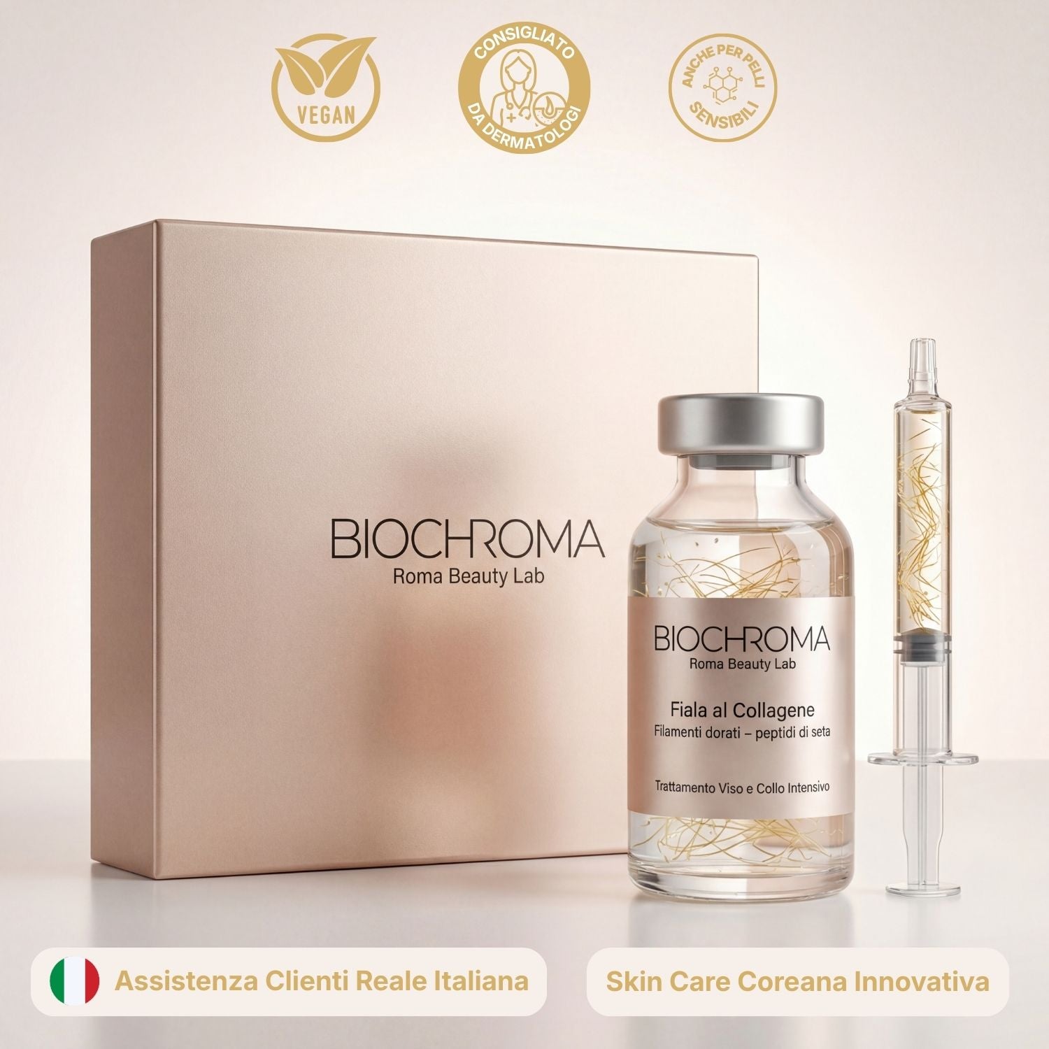 Siero antirughe BioChroma ai peptidi di seta con filamenti dorati e siringa cosmetica